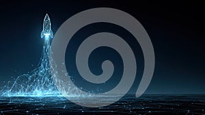 Futuristic Rocket Launch with Digital Network Visualization and Blue Glowing Effects against Dark Background.Generative AI