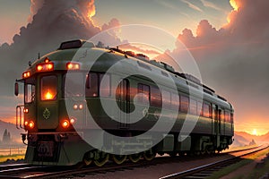 Green Locomotive Continuing its Journey amidst a Sunset and Clouds. AI generated