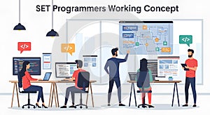 A group of programmers working together in a modern office setting