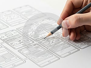 Hand drawing mobile app wireframes isolated on white background