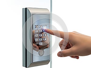 Hand entering code on digital lock keypad isolated on white background