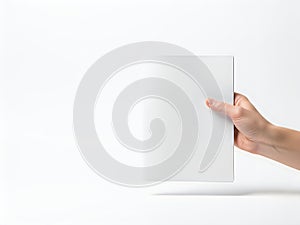 A hand holding a white rectangular object in front of a plain background