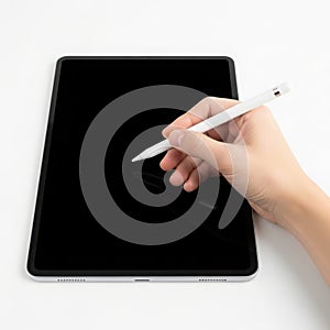 Hand using stylus on digital tablet screen