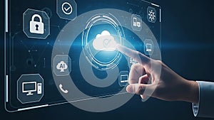 Hand interacting with digital cloud interface on tablet