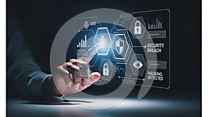 Hand interacting with security interface isolated on white background