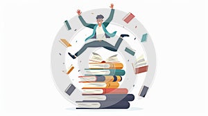 The image depicts a happy man jumping over a pile of books and succeeding in education, study, and training. It is a