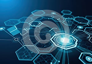 Futuristic digital network of interconnected hexagonal nodes with glowing core
