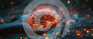 This image depicts a human hand gently holding a digital brain.