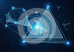 Geometric network visualization with interconnected nodes and bright light source