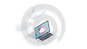 A laptop computer with a cloud computing concept on its screen