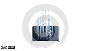 A laptop computer displaying a futuristic data visualization on its screen