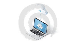 A laptop computer uploading data to a cloud storage system