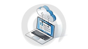 A laptop computer uploading data to a cloud storage system
