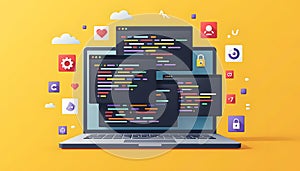 The image depicts a laptop screen with code windows, representing software development