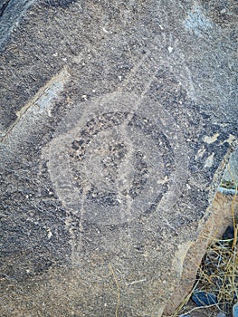 Image depicts a large, weathered rock with an Ancient petroglyps carved into rock photo