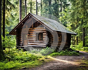 This image depicts a log cabin made entirely of wood.