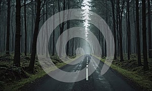 winding road through dense forest, with tall trees on either side and misty atmosphere.