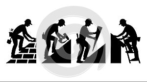 Construction Worker Performing Various Masonry Tasks Building Wall