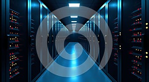 Modern Data Center Server Room with Rows of Rack Servers and Network Infrastructure for Cloud Computing and Data Storage Big Data
