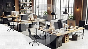 Modern office setup with computers and furniture isolated on white background