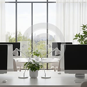 Modern office setup with plants, isolated on white background isolated on white background