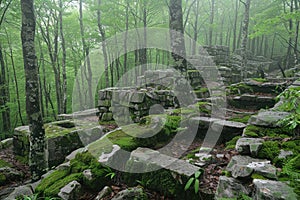 Misty Green Forest Ruins: Ancient Stone Walls Covered in Moss