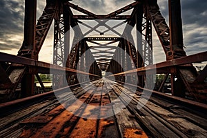 Beam Bridge. old rusty aged railroad bridge over a river. cloudy sky