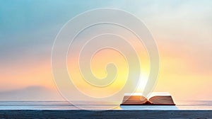 An open book on a wooden table.