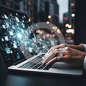 Hands typing on laptop with network visualization