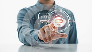 Hand interacting with virtual interface isolated on white background