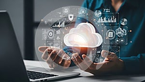 Hands interacting with cloud computing interface