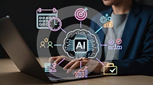 Artificial intelligence concept on laptop with business related digital illustrations