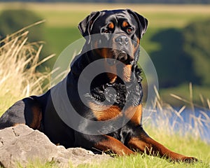 An image depicts a Rottweiler with a serious expression.