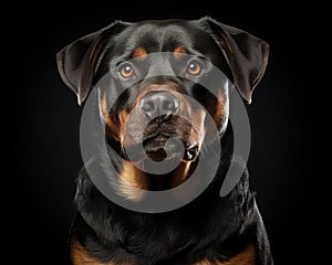 An image depicts a Rottweiler with a serious expression.