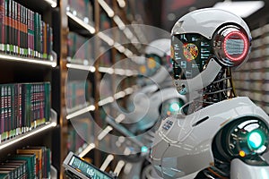 Futuristic Robots in a Modern Library Setting photo
