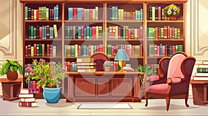 This image depicts a school public library or book shop interior with wood cabinet with rows of paper books on shelves