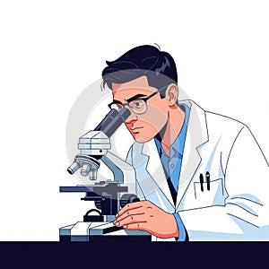 Scientist examining sample under microscope isolated on white background