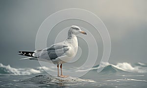 seagull stands on rock in the ocean, facing right with cloudy sky in the background. photo