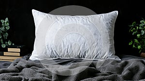 A white pillow with a leaf pattern on a bed.