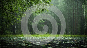 A forest with a lake in the middle.