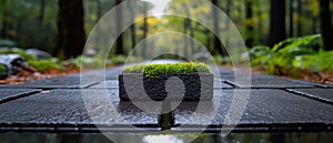 A mossy brick in a forest.