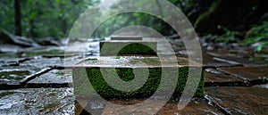 A mossy brick path in a forest.