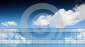 A blue sky with white clouds and a blue glass building.