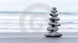 A stack of seven black pebbles on a beach.