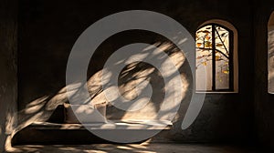 Sunlight streaming through a window casting a pattern on the wall.
