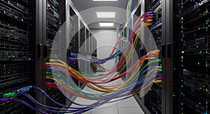 server room with colorful cables and data racks