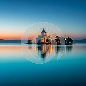 Sevanavank Monastery on Lake Sevan at sunset, Armenia