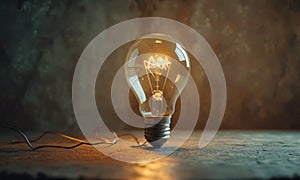 single light bulb with glowing yellow light is centered on dark surface, casting warm glow and accompanied by