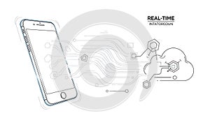 A smartphone with a cloud computing concept and real-time data transfer