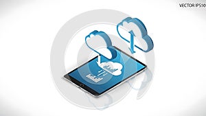 A smartphone with cloud computing icons and data transfer on its screen